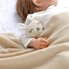 LAWKUL Bunny Lovey Blanket toddler hug demonstrates portable security during play.
