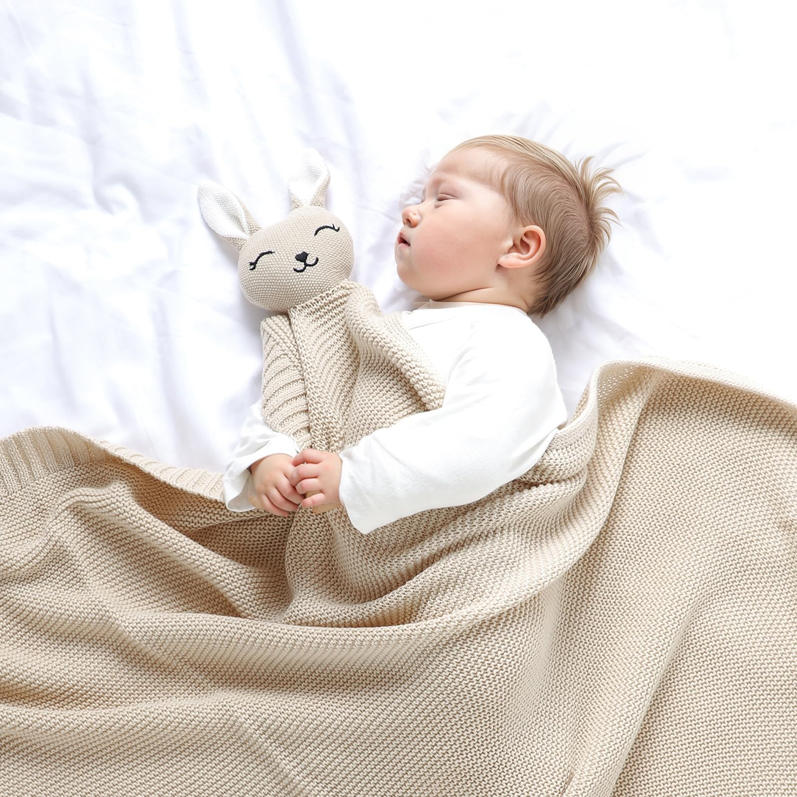 LAWKUL Bunny Lovey Blanket folded for travel highlights lightweight, on-the-go comfort.
