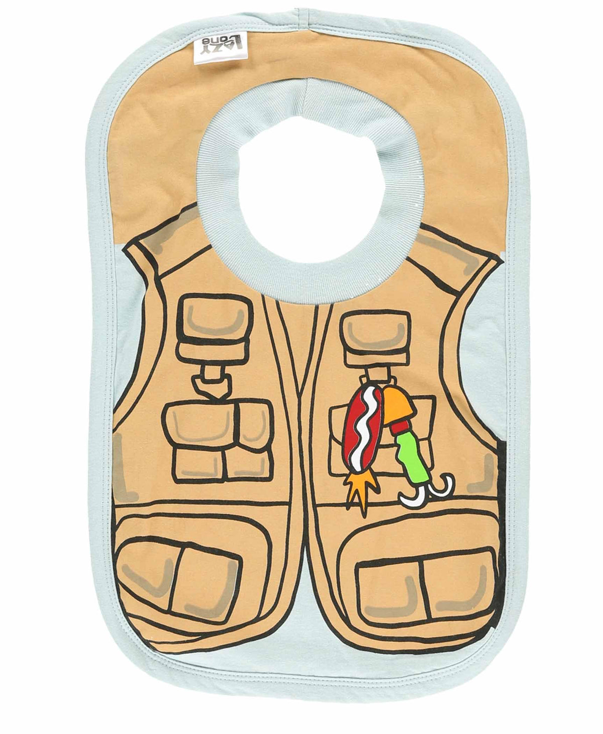 Lazy One animal-print baby bib with fly-fishing vest design offers protective coverage during meals.