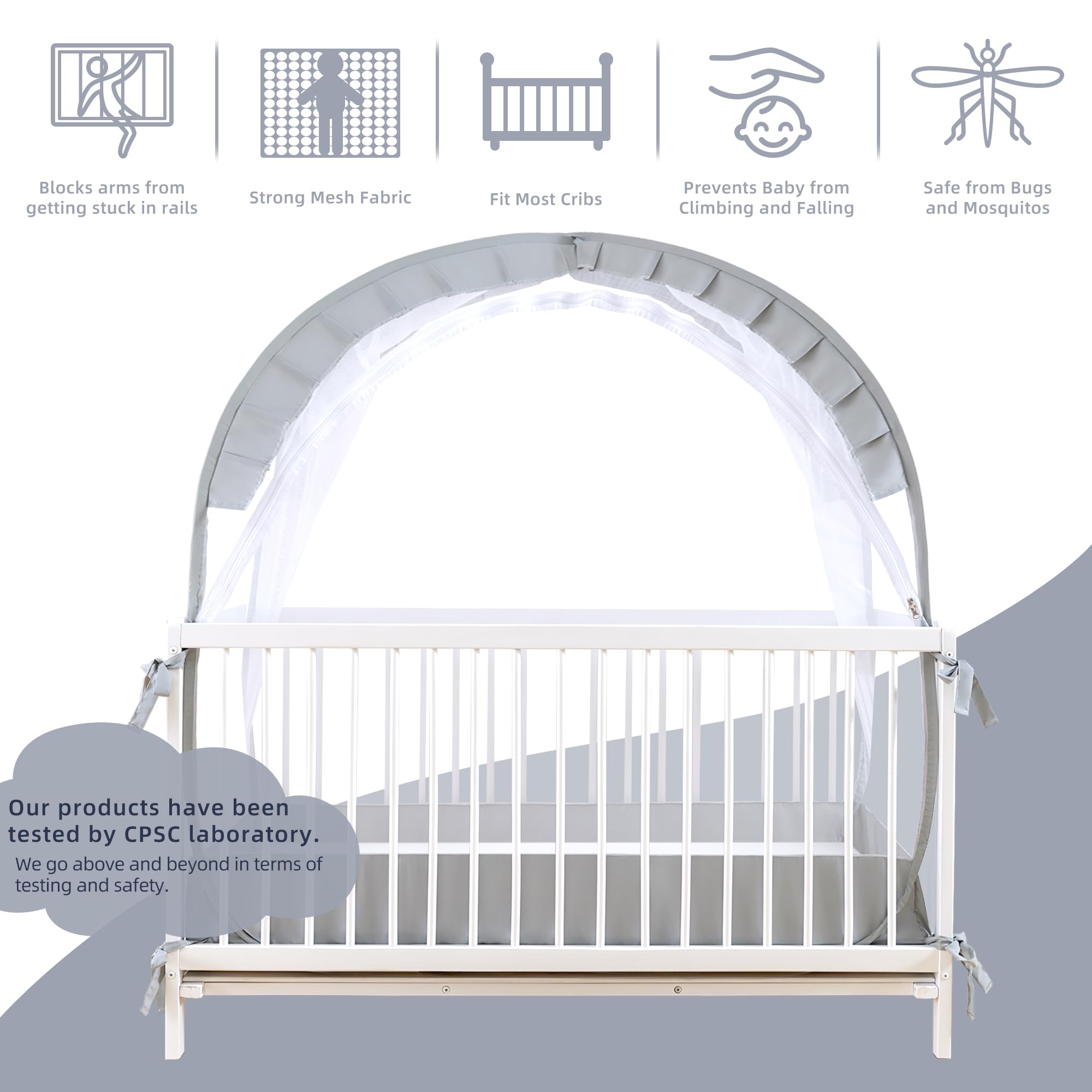Lazyzzzz crib tent reinforced edges and ribbons secure the crib fit