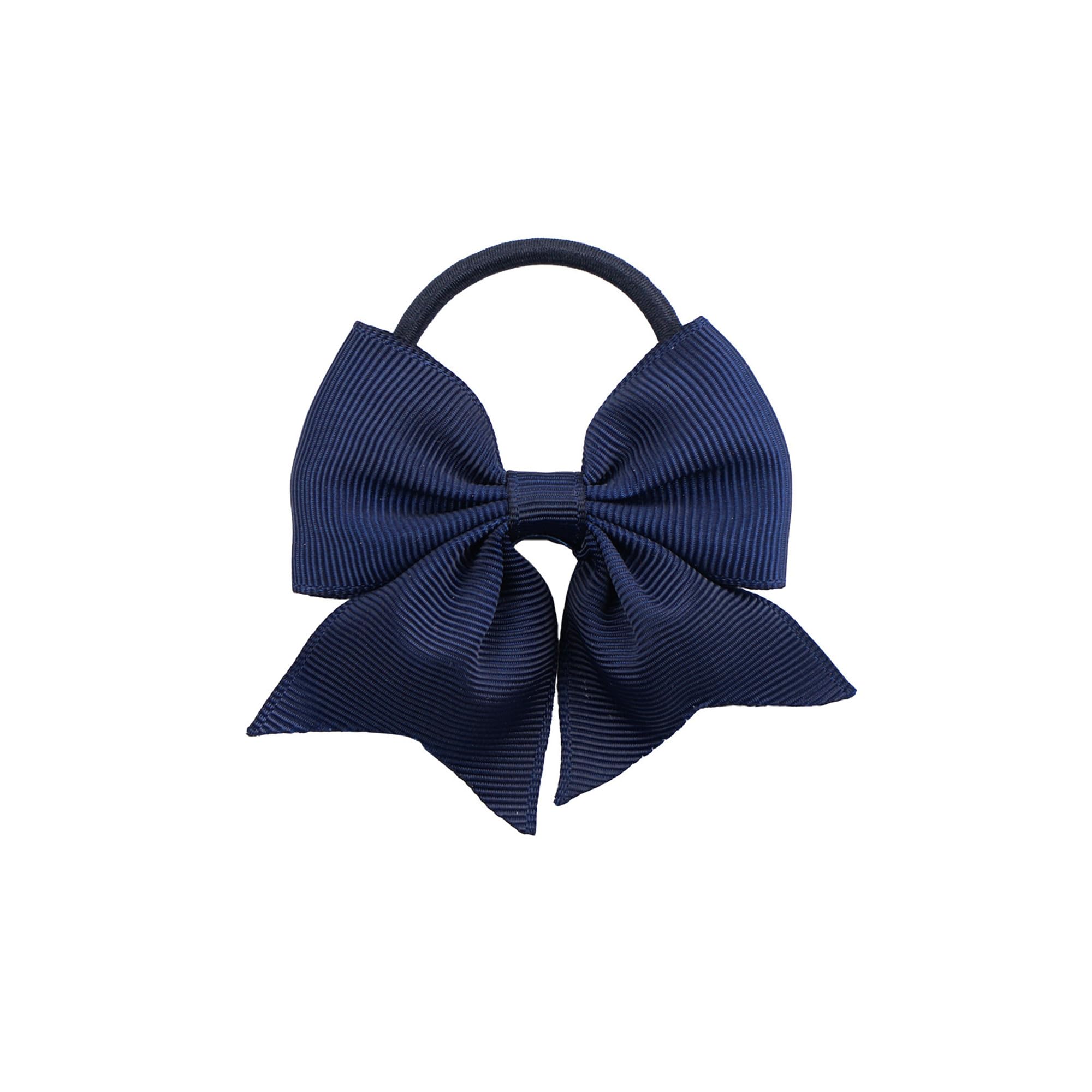 LDDCX navy blue bow closeup shows durable hot glued bow and elastic tie for staying power.