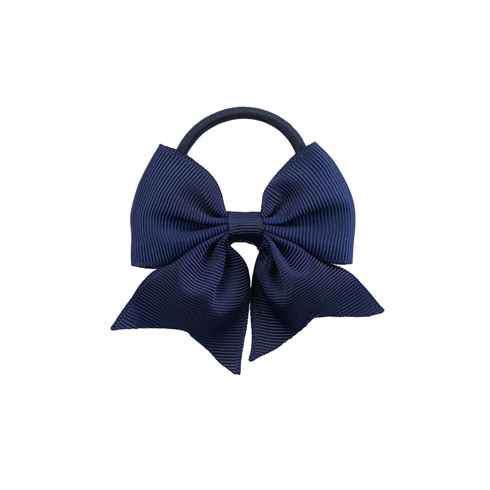 LDDCX navy blue bow closeup shows durable hot glued bow and elastic tie for staying power.