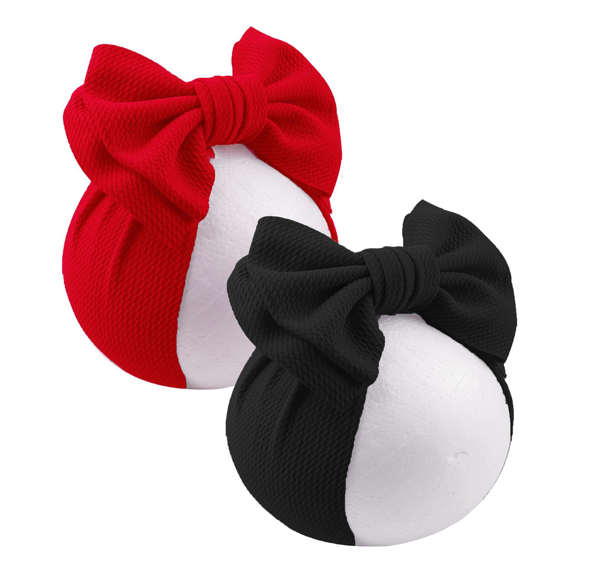 LDDCX red bows headband close-up, soft fabric with gentle-fit for baby's skin.