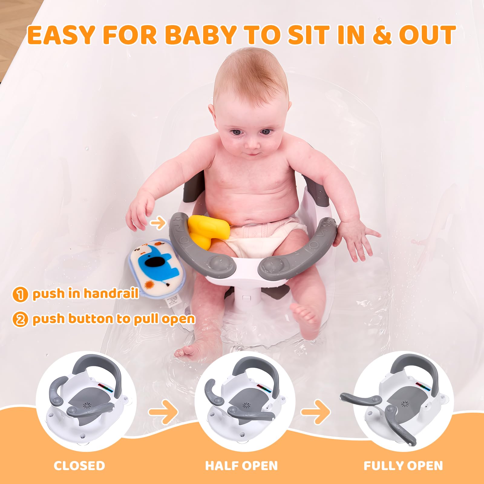 LDIIDII baby bath seat with one-touch armrests for easy in-and-out