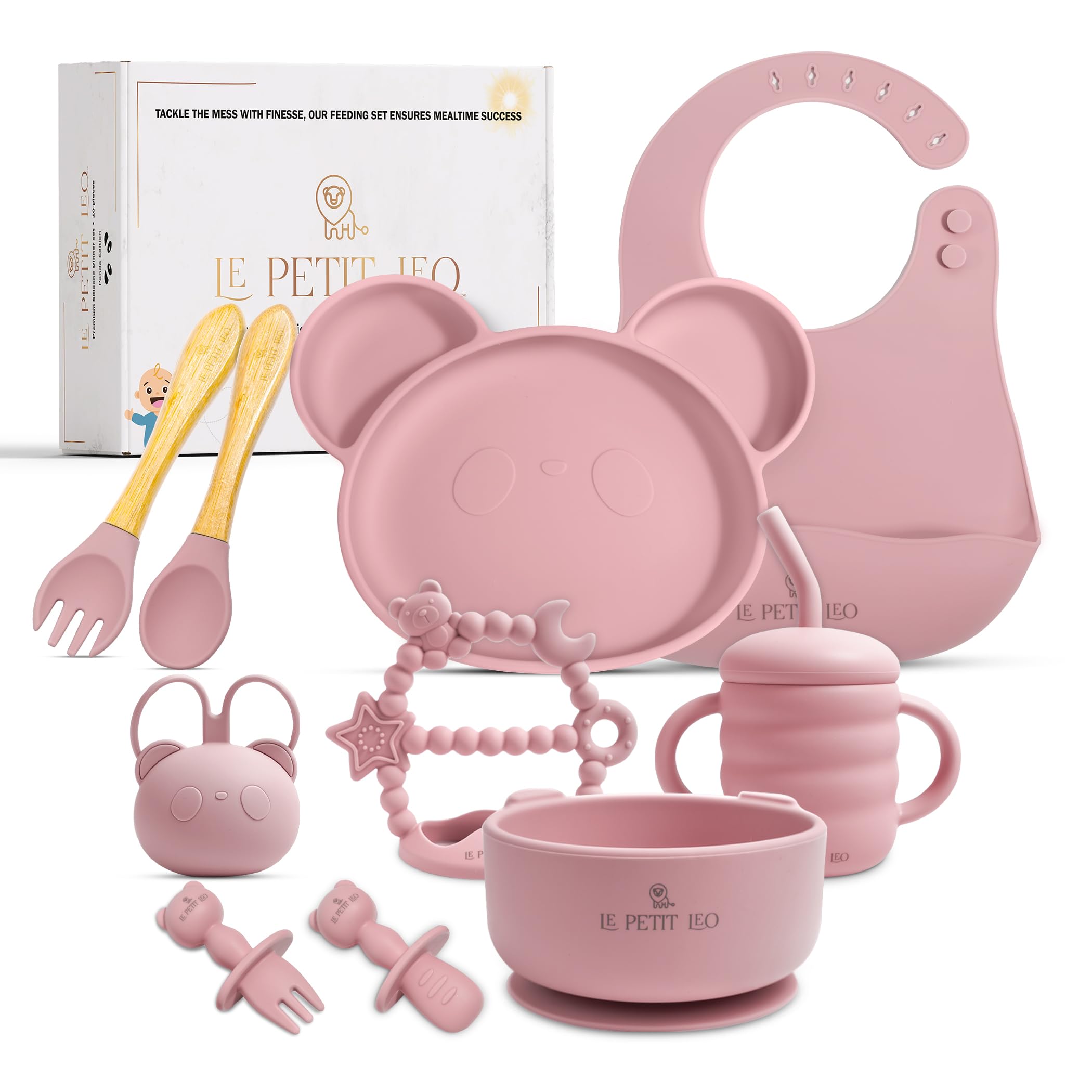 LE PETIT LEO silicone baby feeding set with Angelic Pink bib keeps outfits clean during meals.
