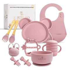 LE PETIT LEO silicone baby feeding set with Angelic Pink bib keeps outfits clean during meals.
