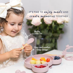 LE PETIT LEO suction plate in Angelic Pink sticks securely to a tray for mess-free self-feeding.