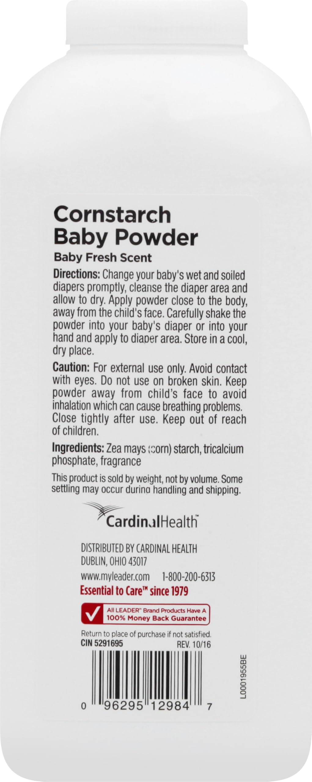 Leader cornstarch baby powder twist-top cap enabling controlled application.