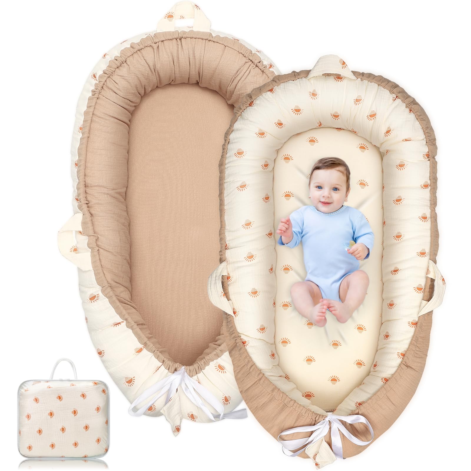 LEADONELNTL Baby Lounger in khaki with soft cotton surface for calm newborn lounging