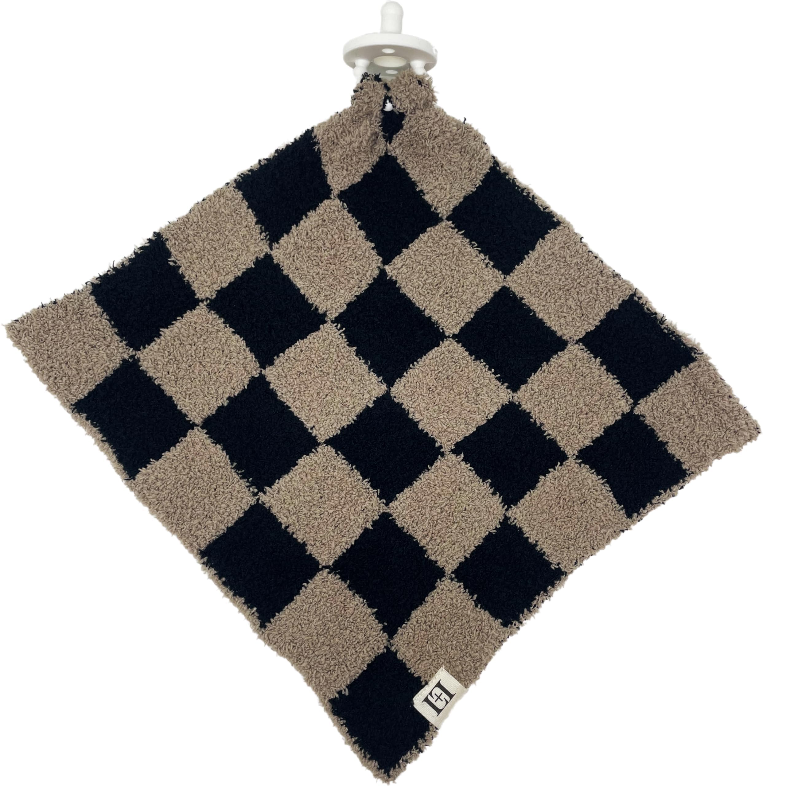 Leaps + Legends Checkered Lovey front view, cuddly 10x10 inch plush for soothing snuggles.