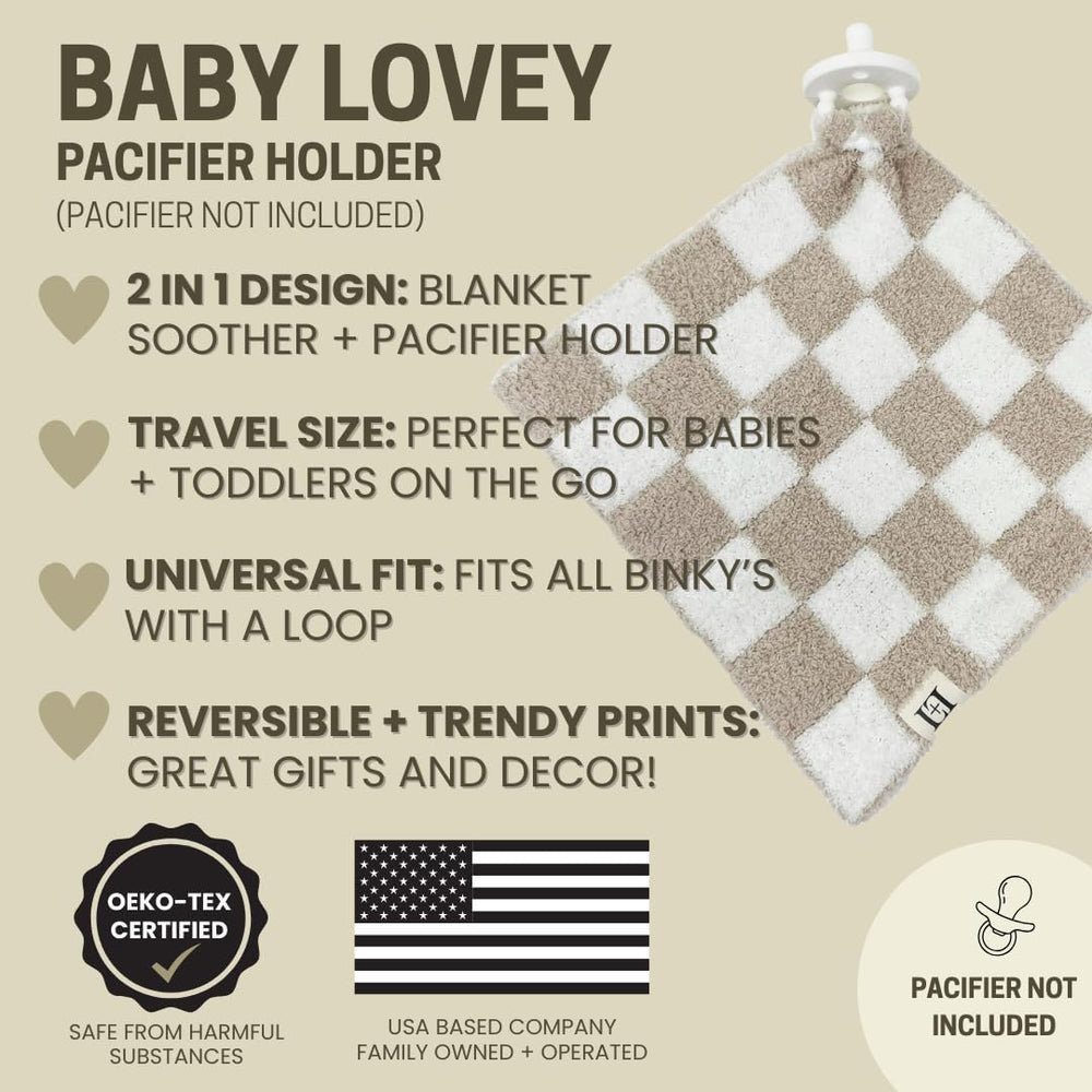 Leaps + Legends Checkered Lovey pacifier-attachment hole detail for easy accessory linking.