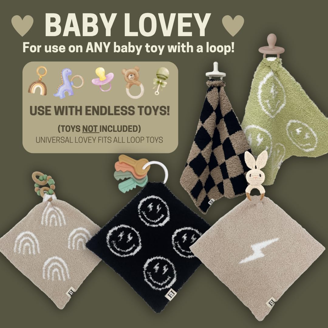 Leaps + Legends Checkered Lovey teether-attachment point highlighted for versatile use.