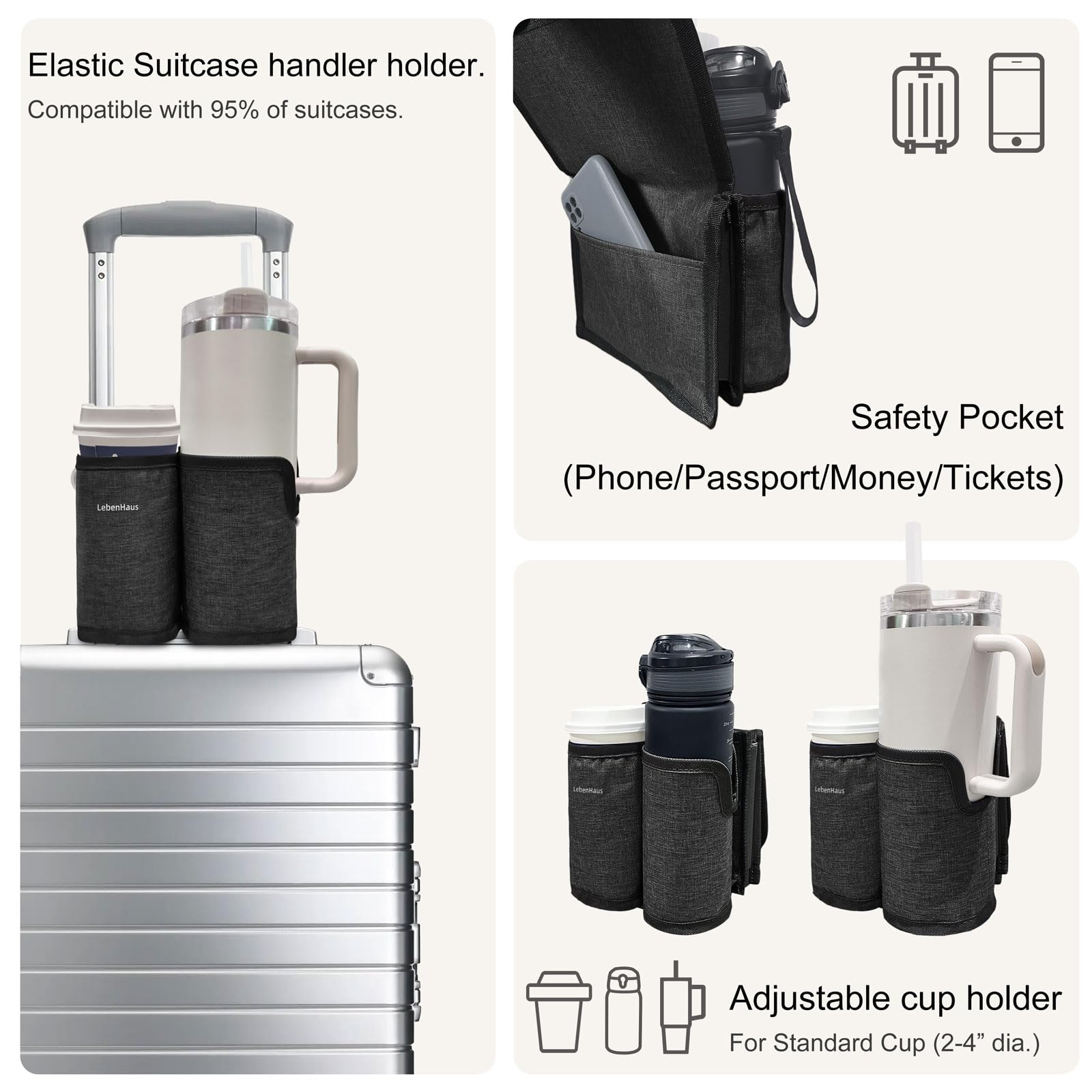 LebenHaus luggage cup holder-stanley-pocket shows hidden pocket for phone and essentials.