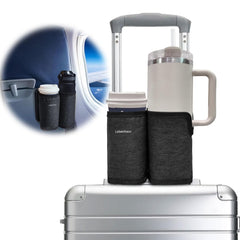 LebenHaus luggage cup holder tray-clip securely mounts to a tray table for hands-free drinks.