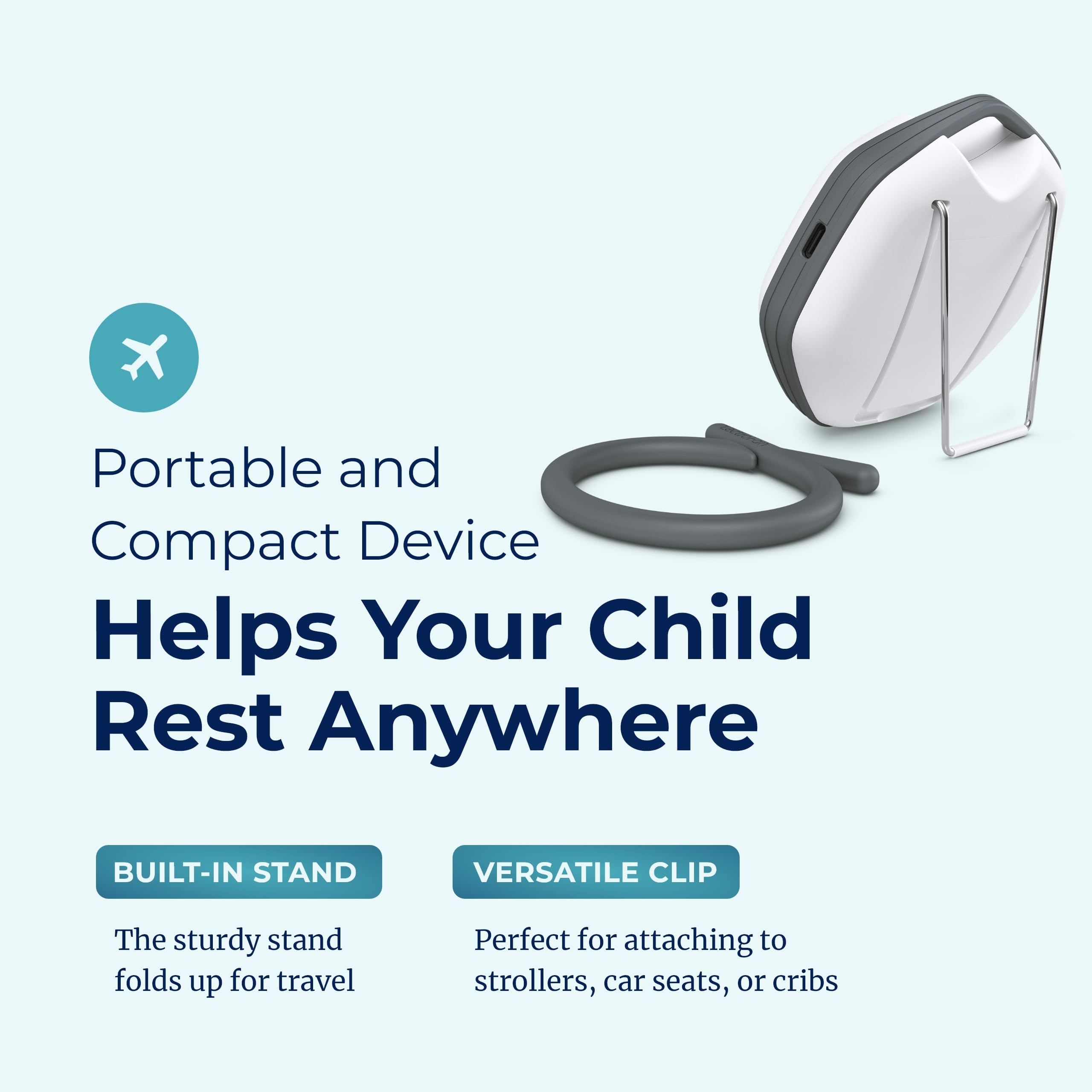 Adaptive Sound Technologies LectroFan Alpha clip enables secure attachment to stroller.