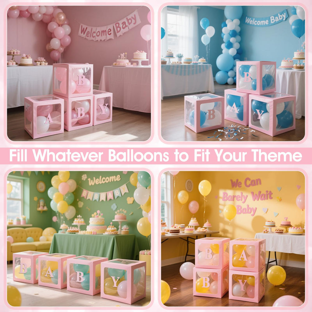 Ledido baby boxes pink with balloons inside to create a festive centerpiece