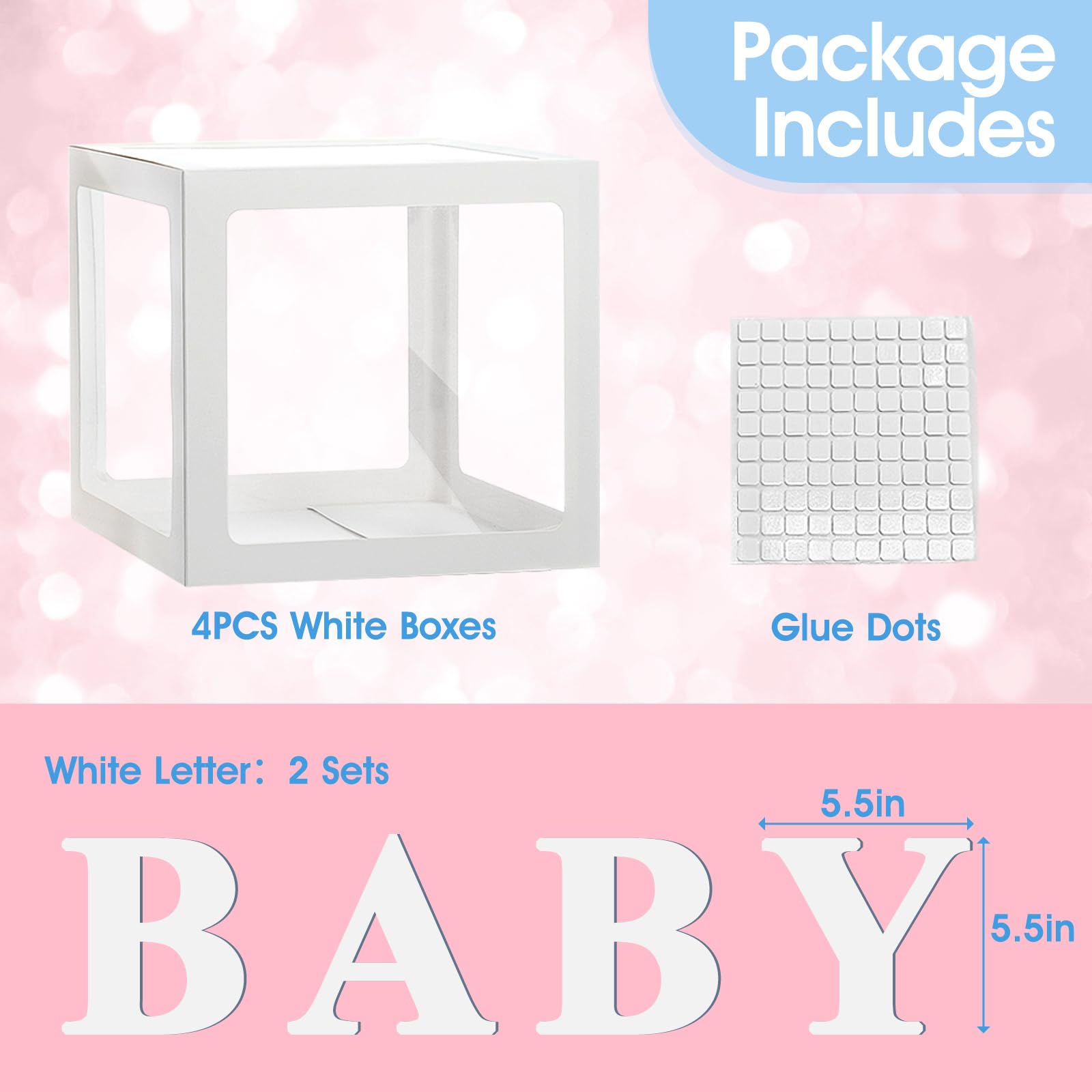 Ledido baby boxes with balloons inside create a decorative photo backdrop.