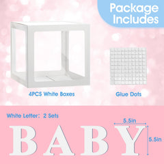 Ledido baby boxes with balloons inside create a decorative photo backdrop.