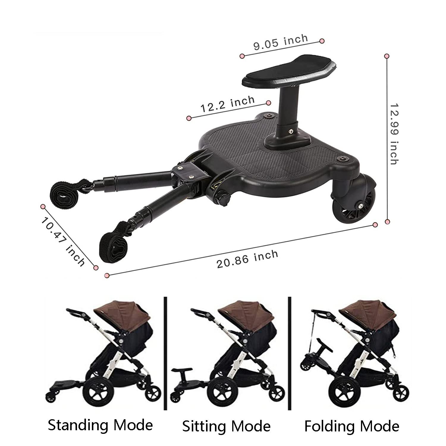 Leefngsun stroller board folds and hangs on handlebar for travel convenience.