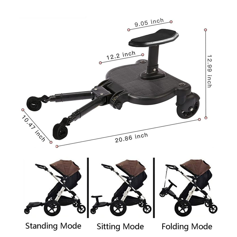 Leefngsun stroller board folds and hangs on handlebar for travel convenience.