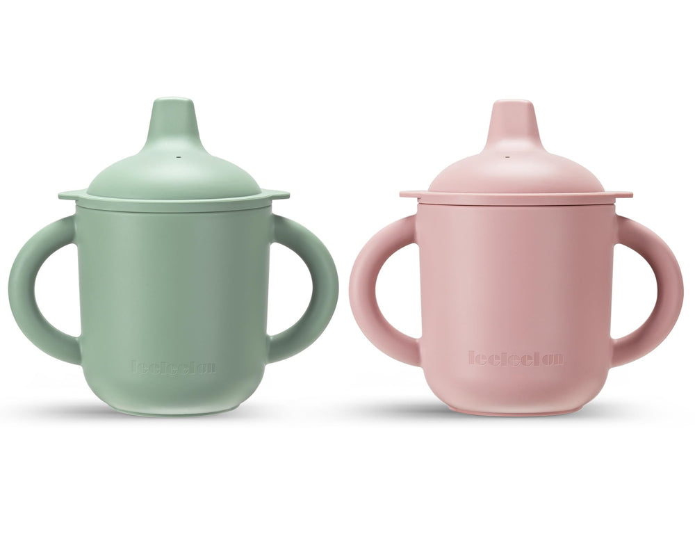 Leeleelon silicone baby sippy cup with handles for easy grip during meals.