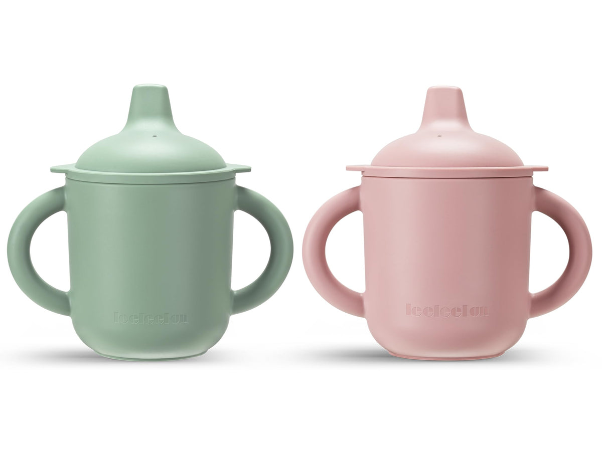 Leeleelon silicone baby sippy cup with handles for easy grip during meals.