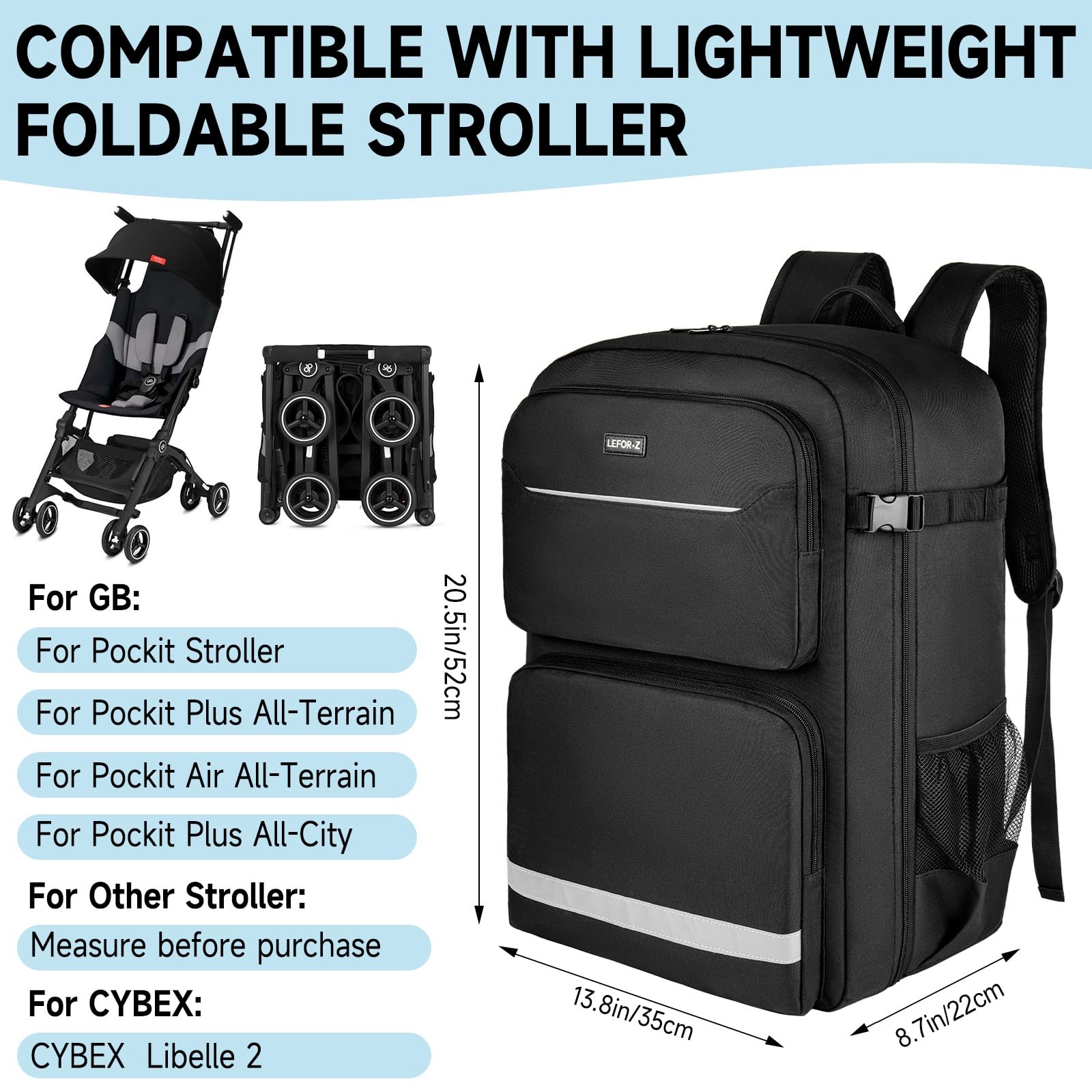 LEFOR·Z stroller travel bag side view, shows roomy side pockets for bottles.