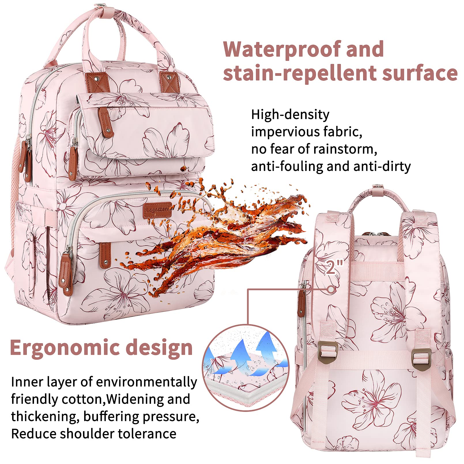 Legestori diaper bag backpack front pockets offer quick-access essentials.