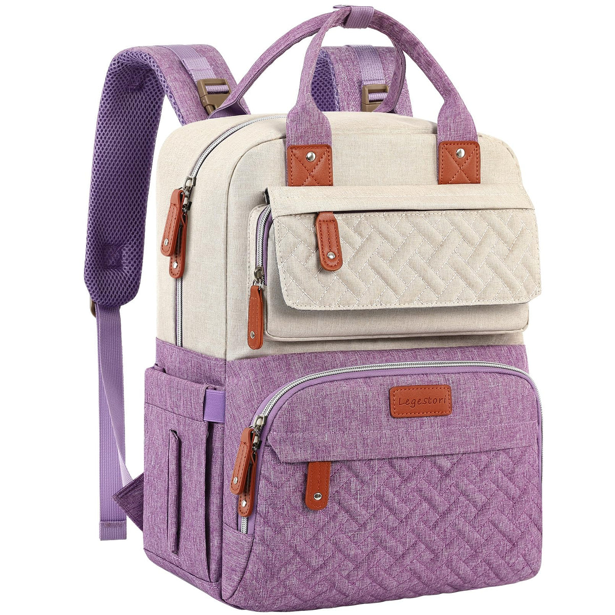 Legestori diaper bag backpack in purple patchwork offers ample capacity with stylish, versatile design.