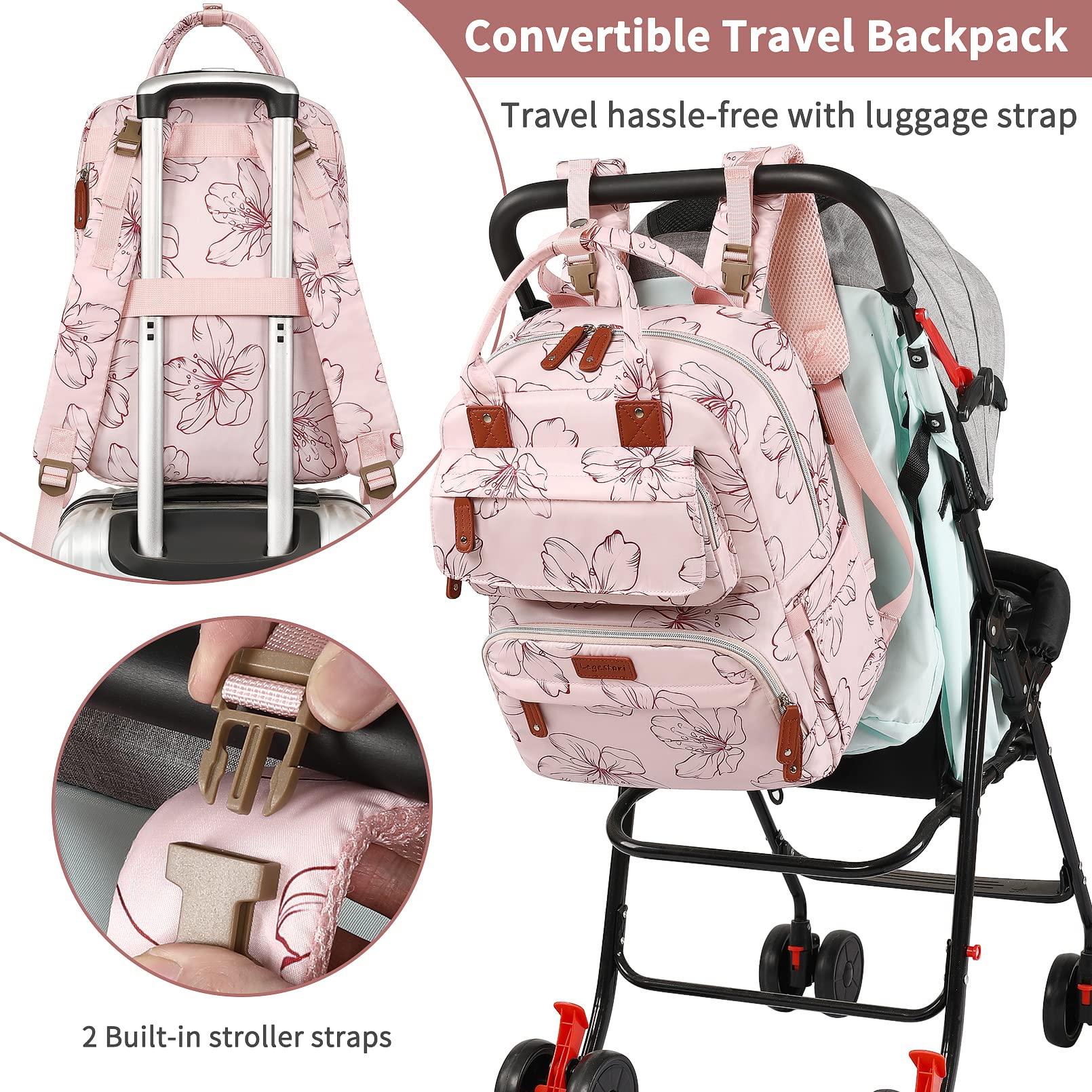 Legestori diaper bag backpack pink floral pattern adds cute style.