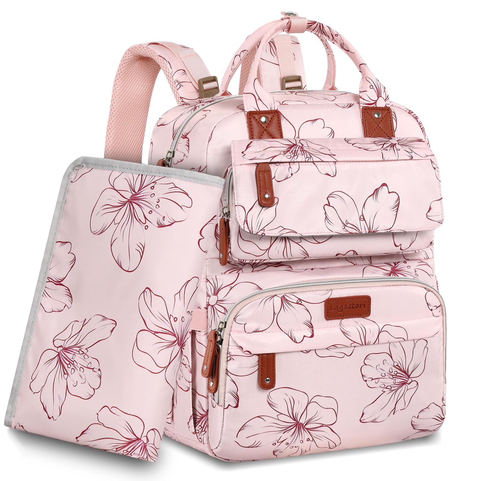 Legestori floral diaper bag backpack front view with organized-outing pockets
