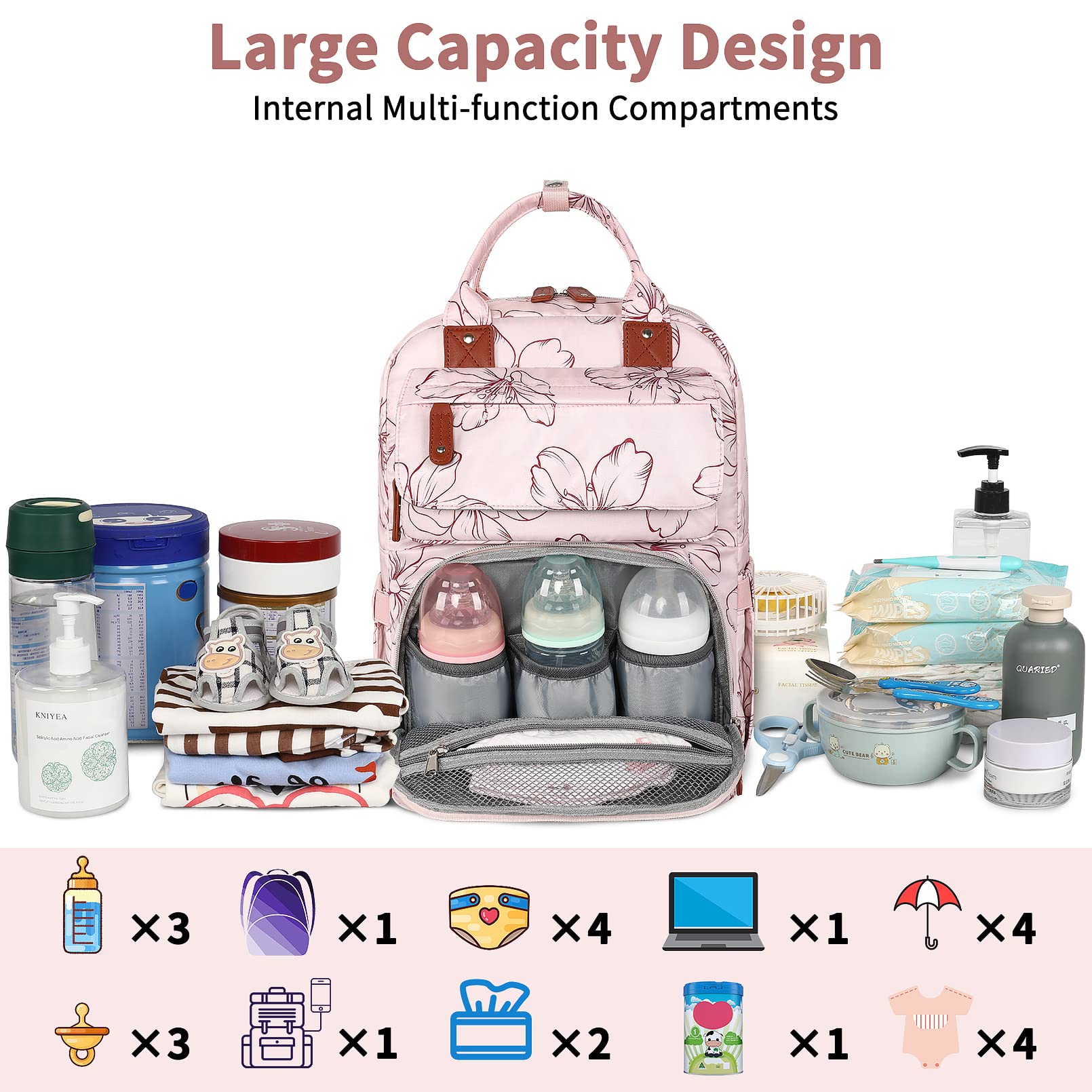 Legestori diaper bag backpack open reveals wide access and internal slots for baby essentials