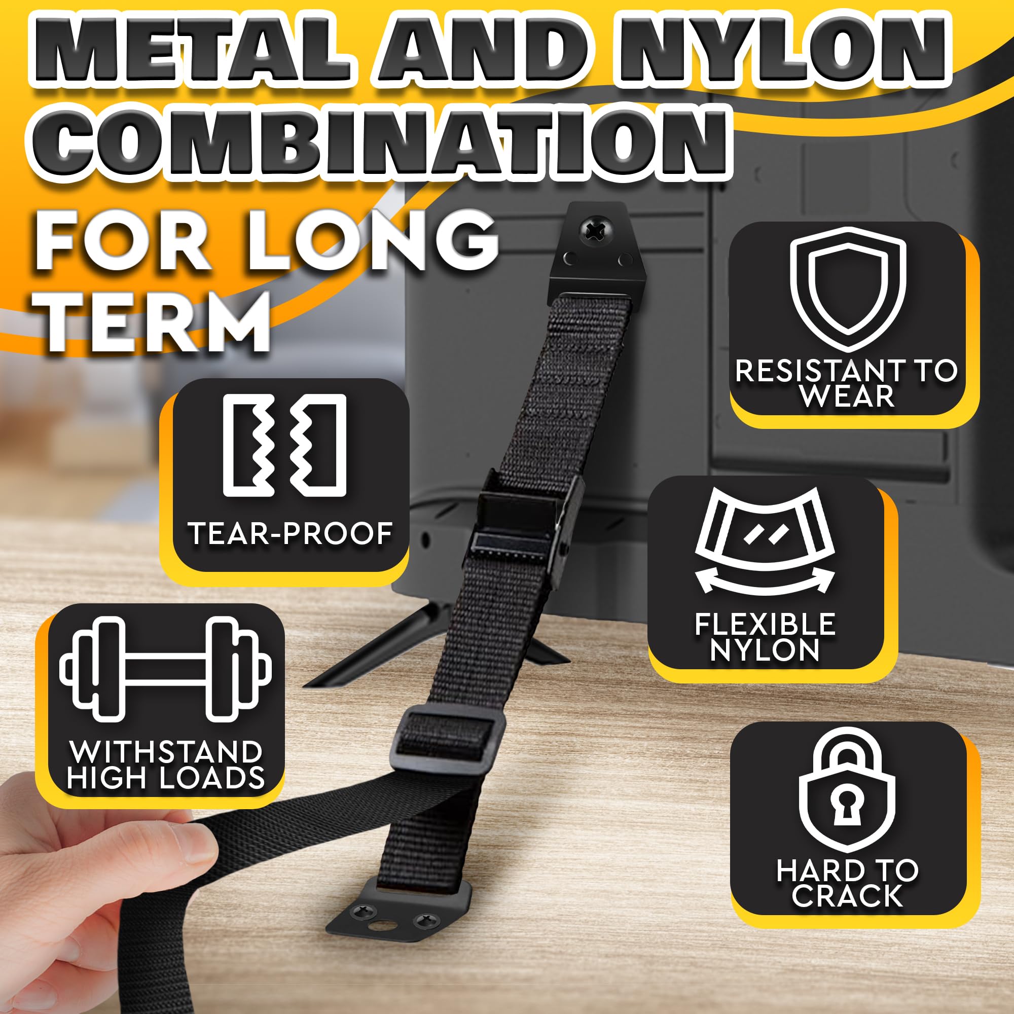 LEGLO TV safety strap durability highlights up to 330 lbs support.