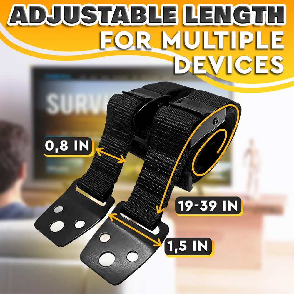 LEGLO TV safety strap adjustable length shows 19 to 39 inch flexible fit.