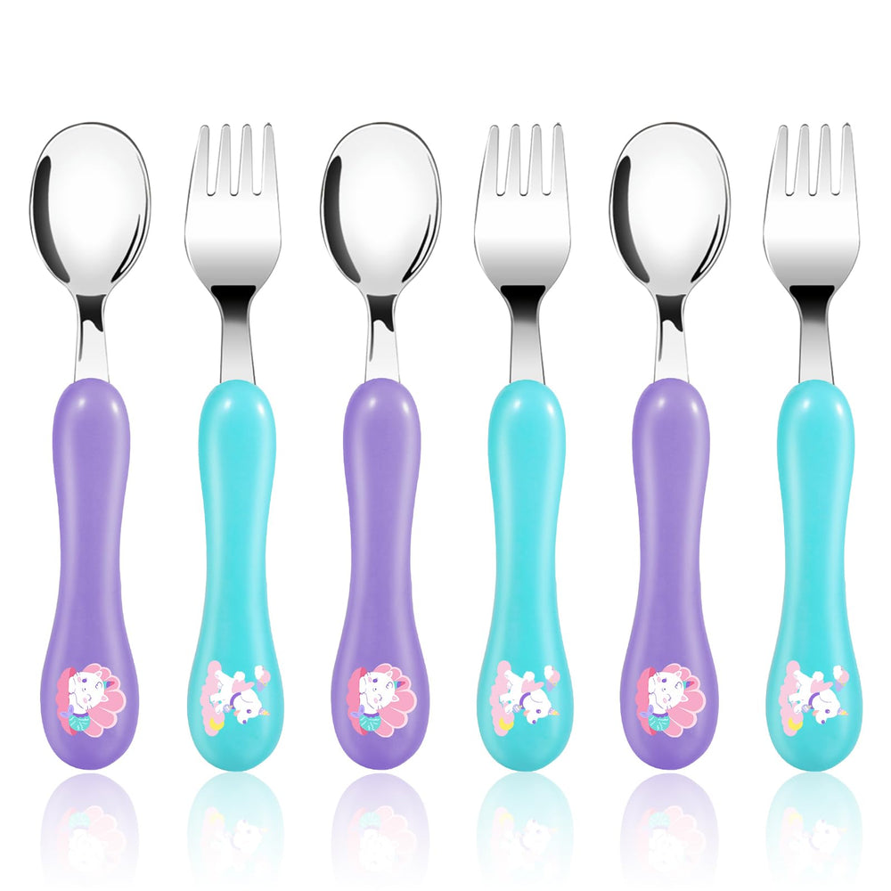 Lehoo Castle 6-piece toddler utensils laid out showing colorful patterns for fun meals