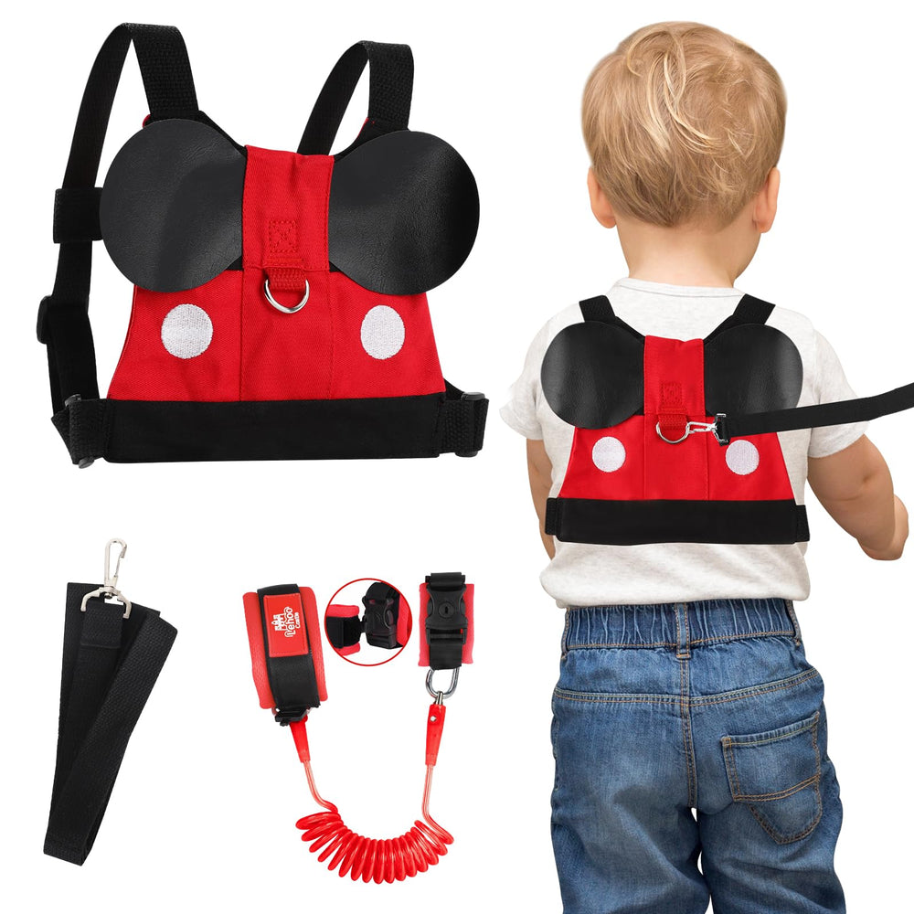 Lehoo Castle toddler leash Mickey backpack worn during park visit for safety and style.