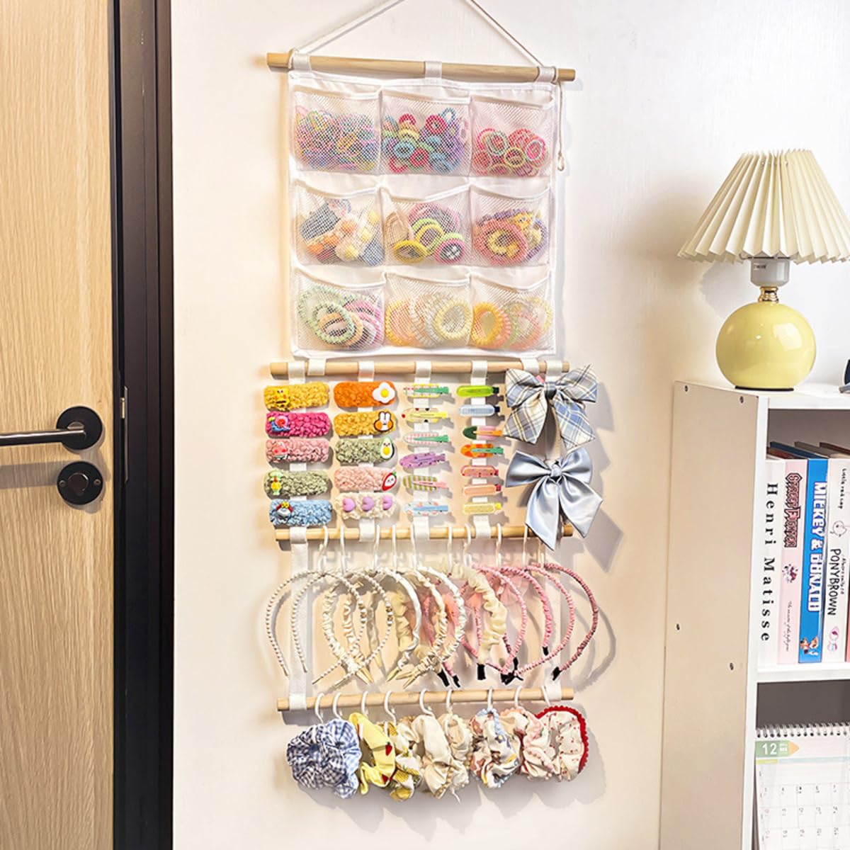 LEHSGY baby bows organizer shows mesh pockets for quick selection.
