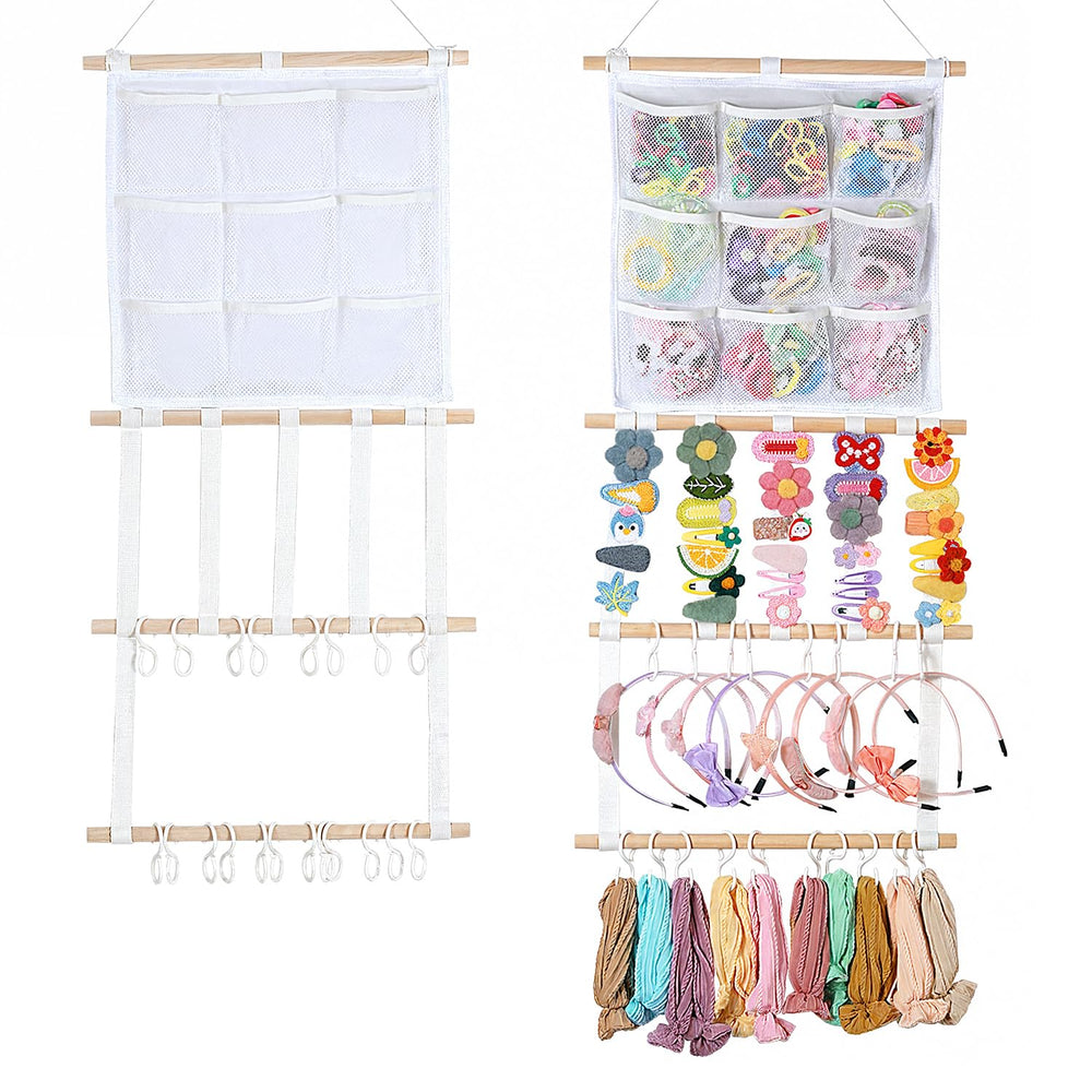 LEHSGY headband holder mounted on wall with macrame keeps bows organized and accessible.