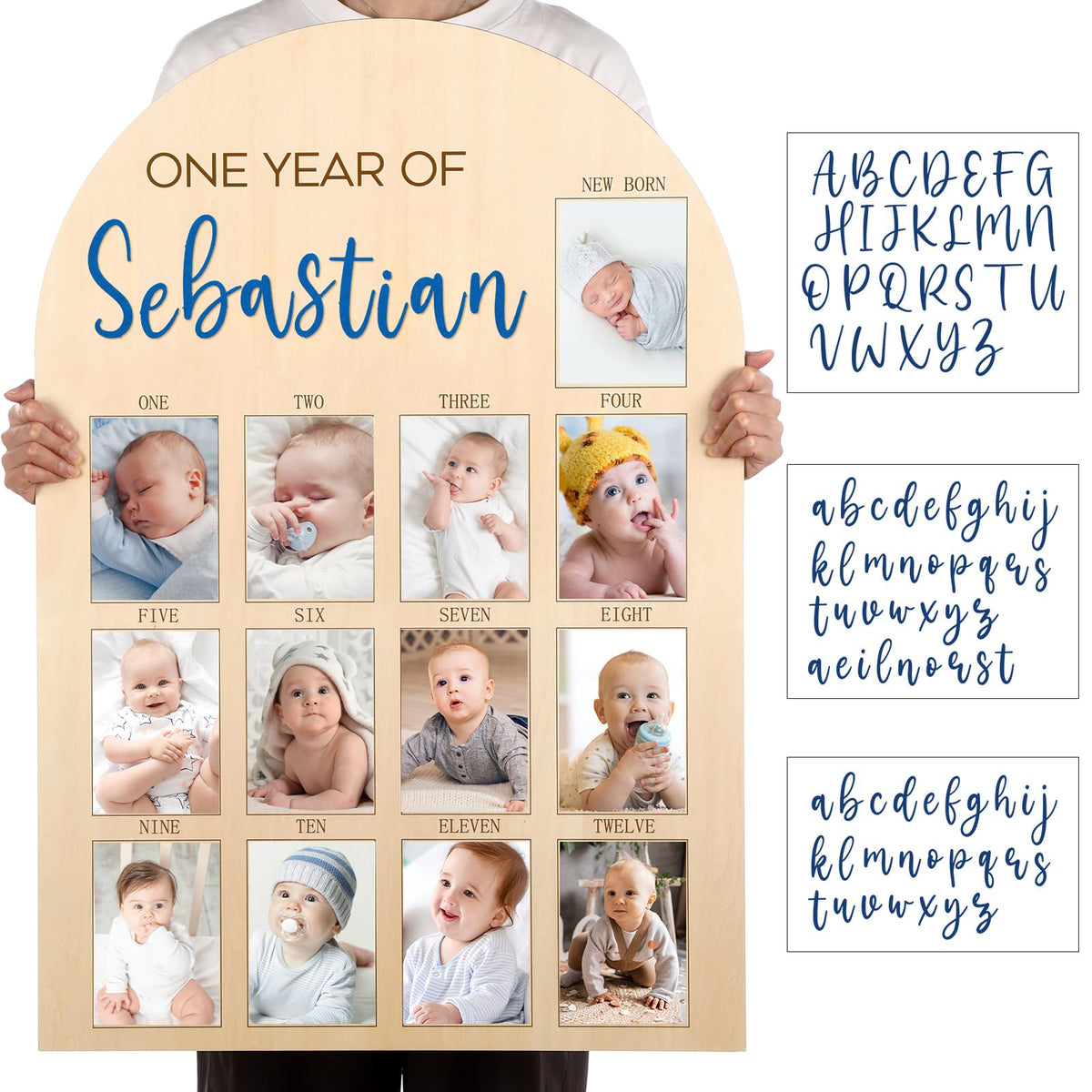 Leinuosen first year photo board blue display showing 12-photo grid for memories