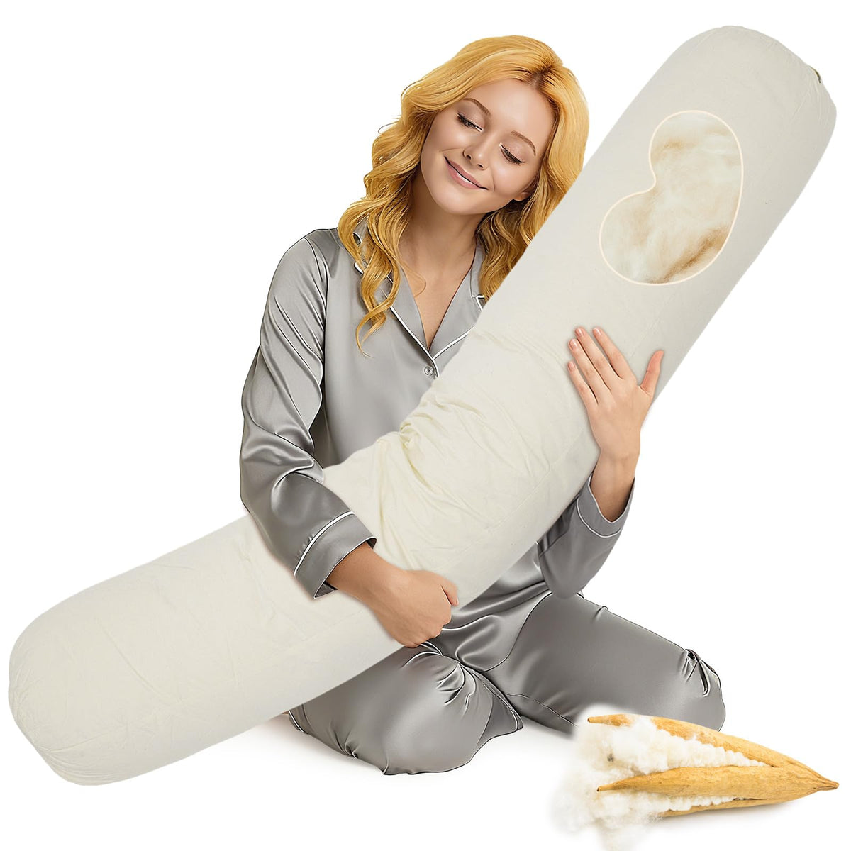Leinuosen kapok full body pillow side view with adjustable fill for personalized support