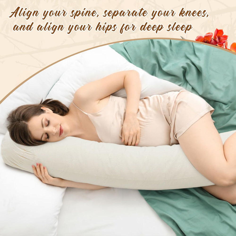 Leinuosen kapok pillow demonstrated between knees for proper hip alignment