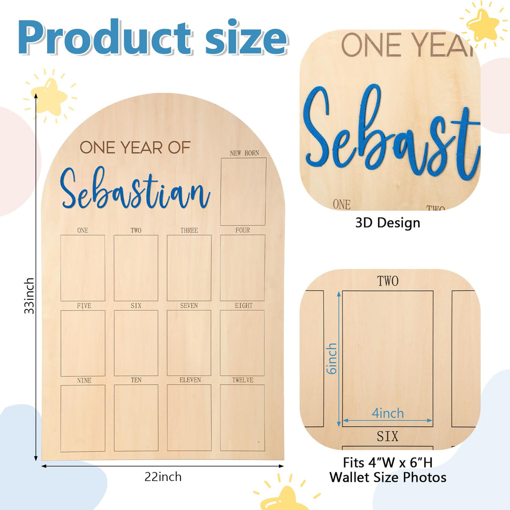 Leinuosen wooden milestone board with 4x6 photos arranged on wall
