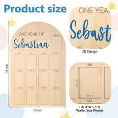 Leinuosen wooden milestone board with 4x6 photos arranged on wall