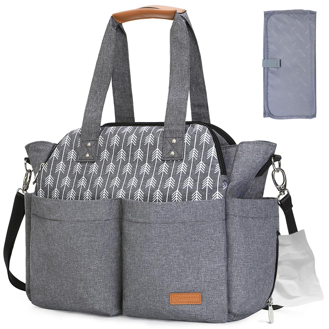 Lekebaby Diaper Bag Tote front view highlighting its spacious grey design for essentials