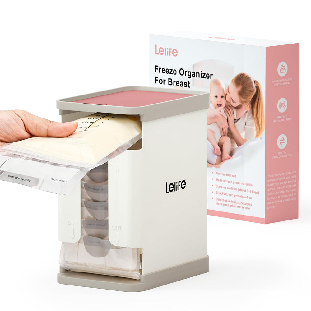 Lelife Freeze Organizer pink front view shows space-saving milk storage design.