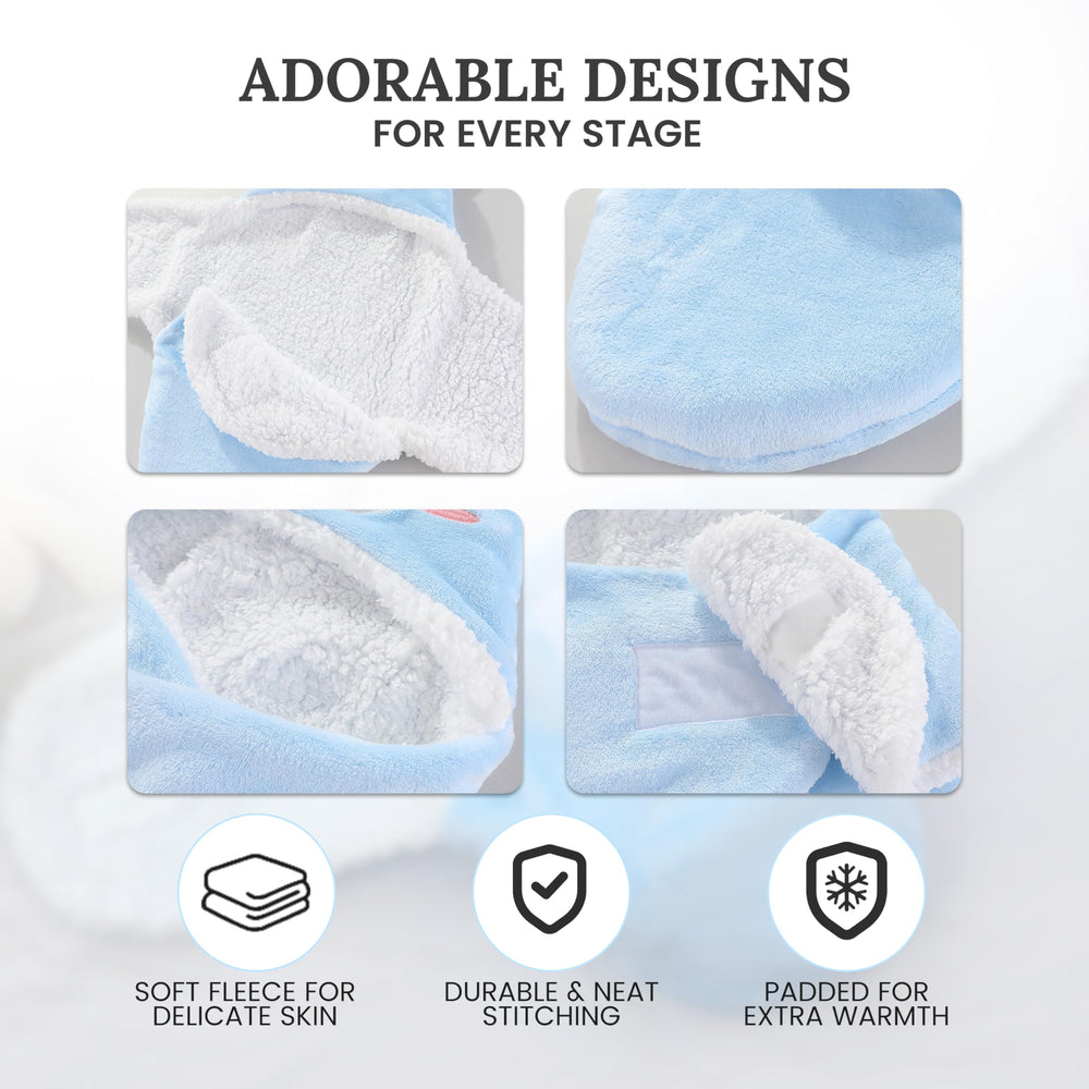 Lemon Prime blue bear swaddle close-up fabric detail and breathable warmth.