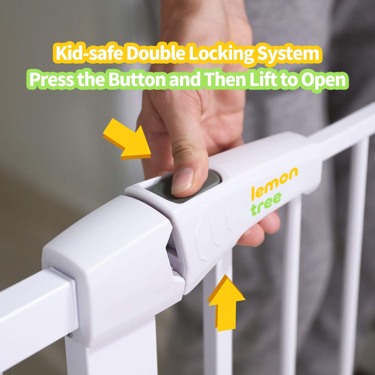 Lemon tree Baby Gate safety dual locking handle provides secure one-hand operation