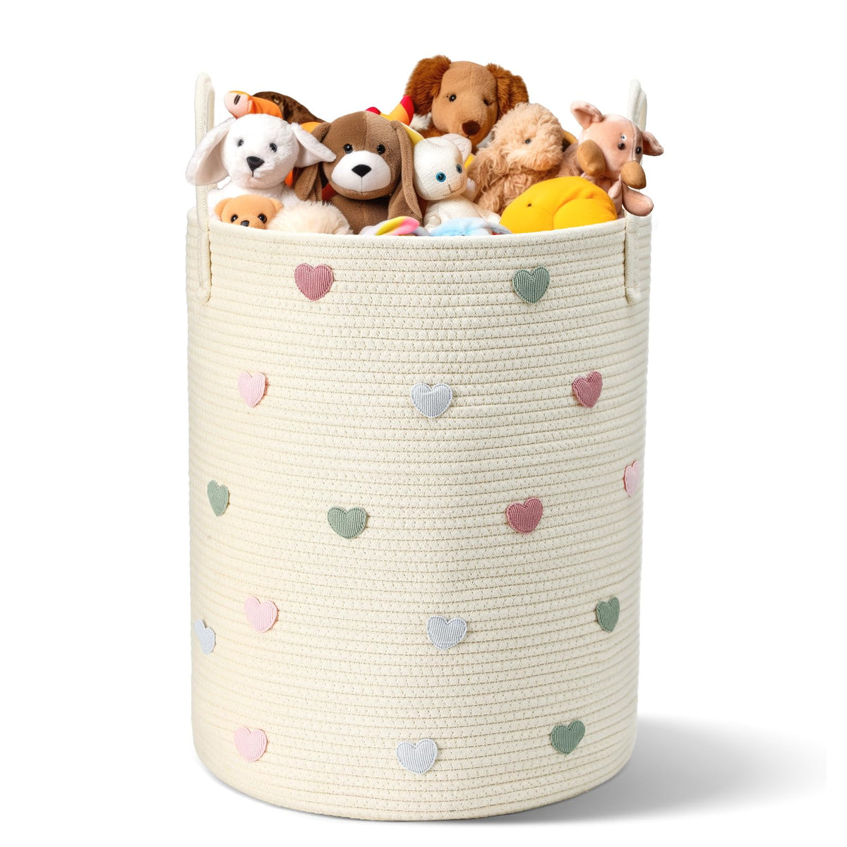 LemonRoad Macaron Heart Laundry Hamper front view with colorful hearts for stylish dorm organization.