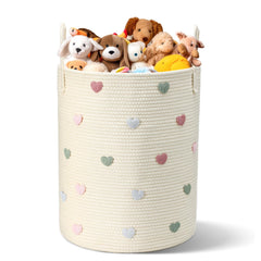 LemonRoad Macaron Heart Laundry Hamper front view with colorful hearts for stylish dorm organization.