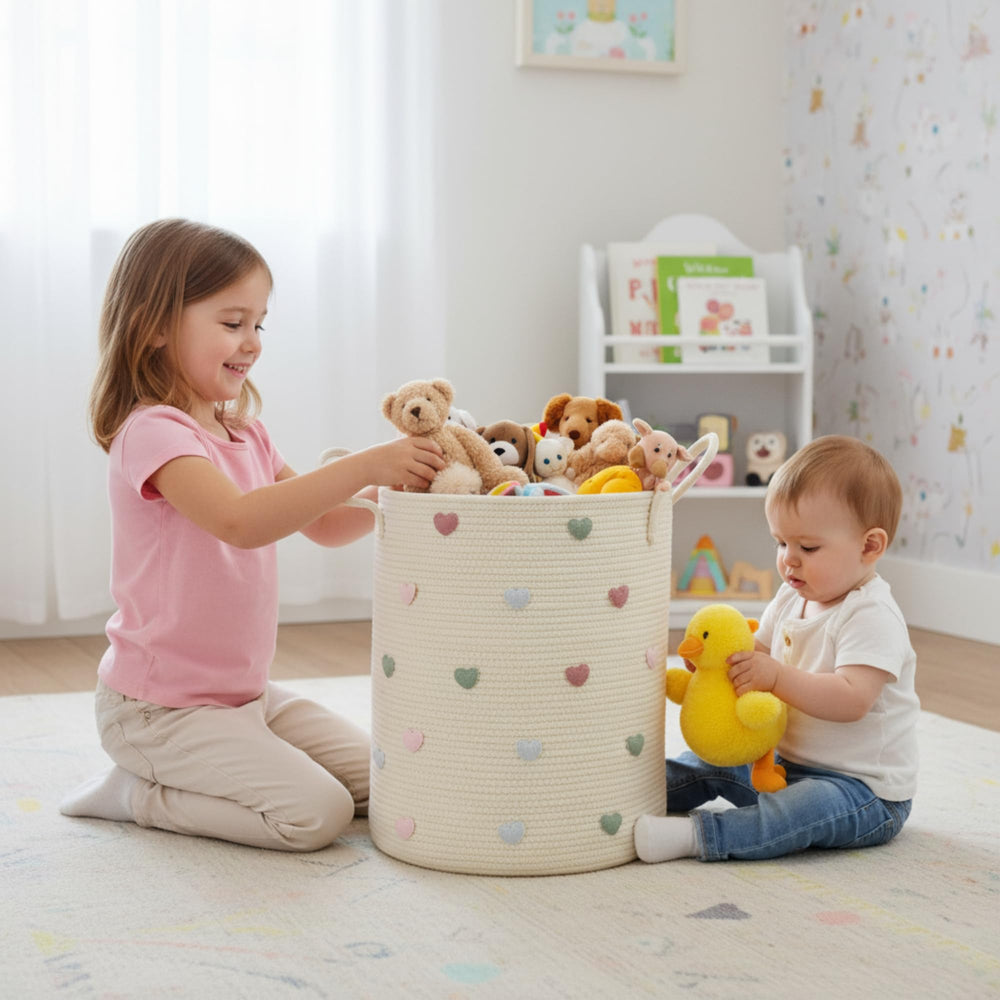 LemonRoad Macaron Heart Laundry Hamper handles design in use for laundry efficiency.